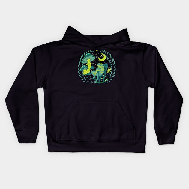 Goblincore Aesthetic Cottagecore Frog waiting for mushrooms to grow (Green) - Mycology Shrooms Fungi Kids Hoodie by anycolordesigns